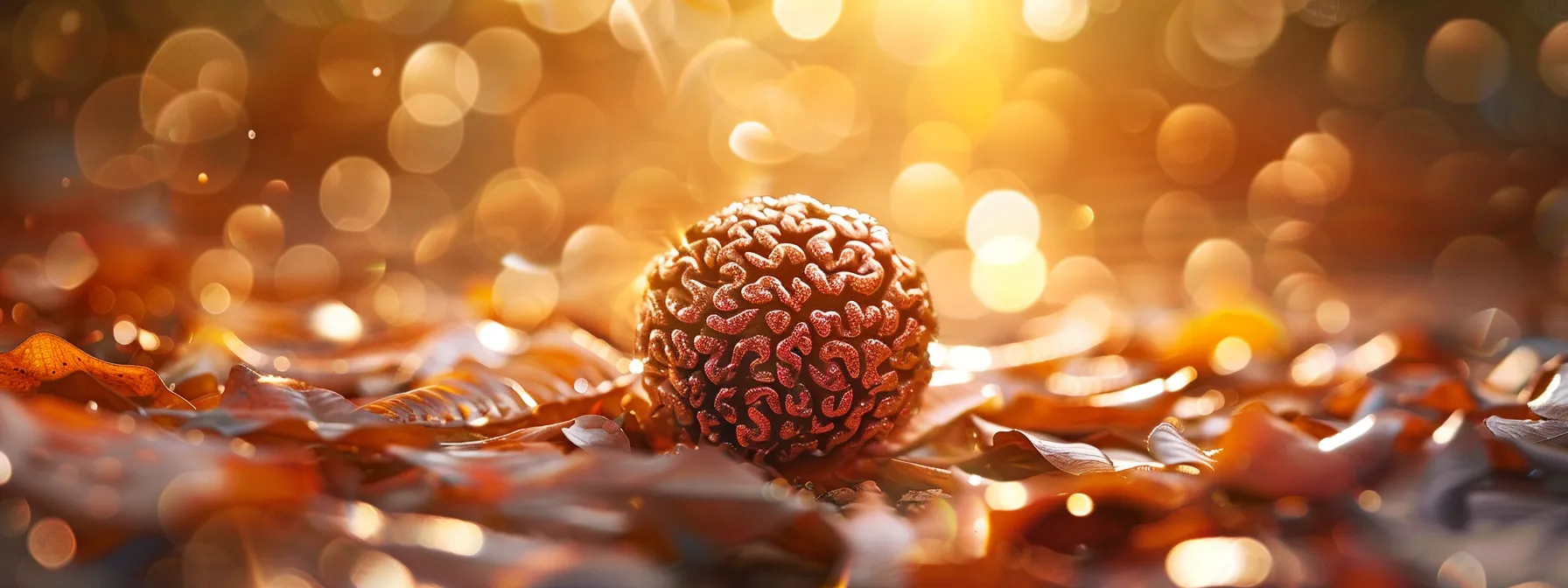 a close-up photo of a shimmering fourteen mukhi rudraksha bead, radiating spiritual significance and ancient wisdom.