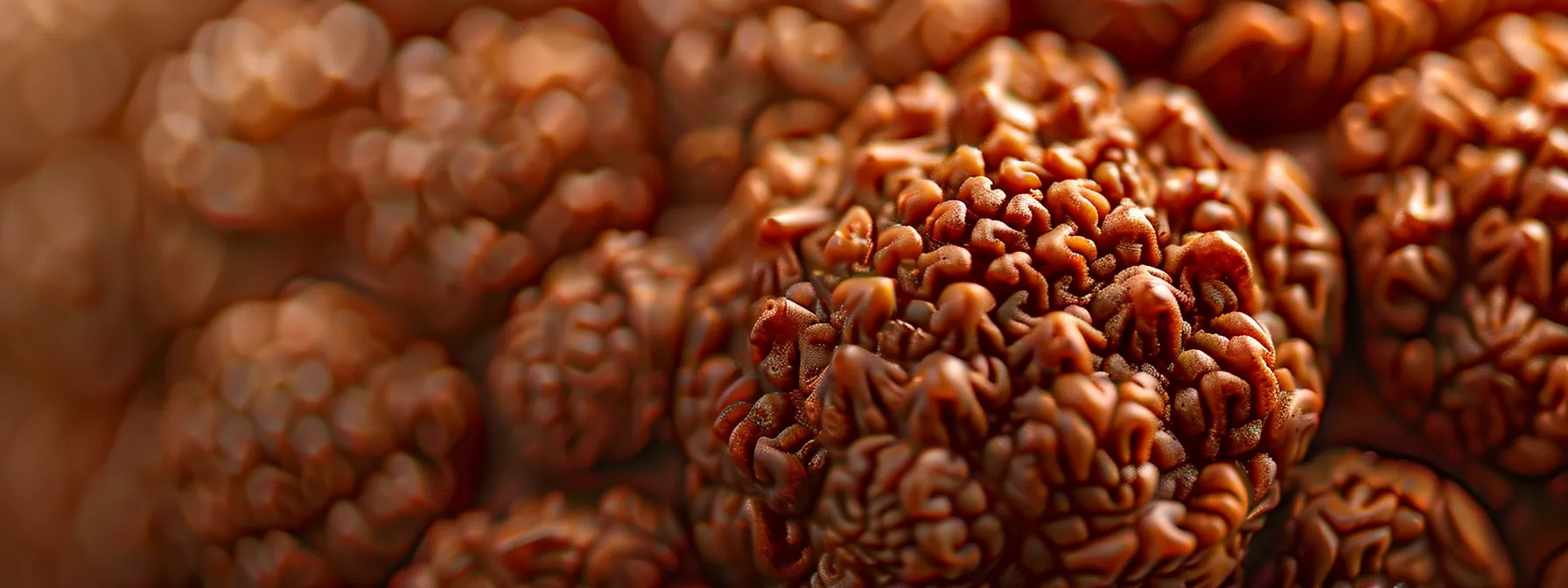 a close-up photo showcasing the intricate details of an authentic thirteen mukhi rudraksha bead, highlighting its unique texture and patterns.