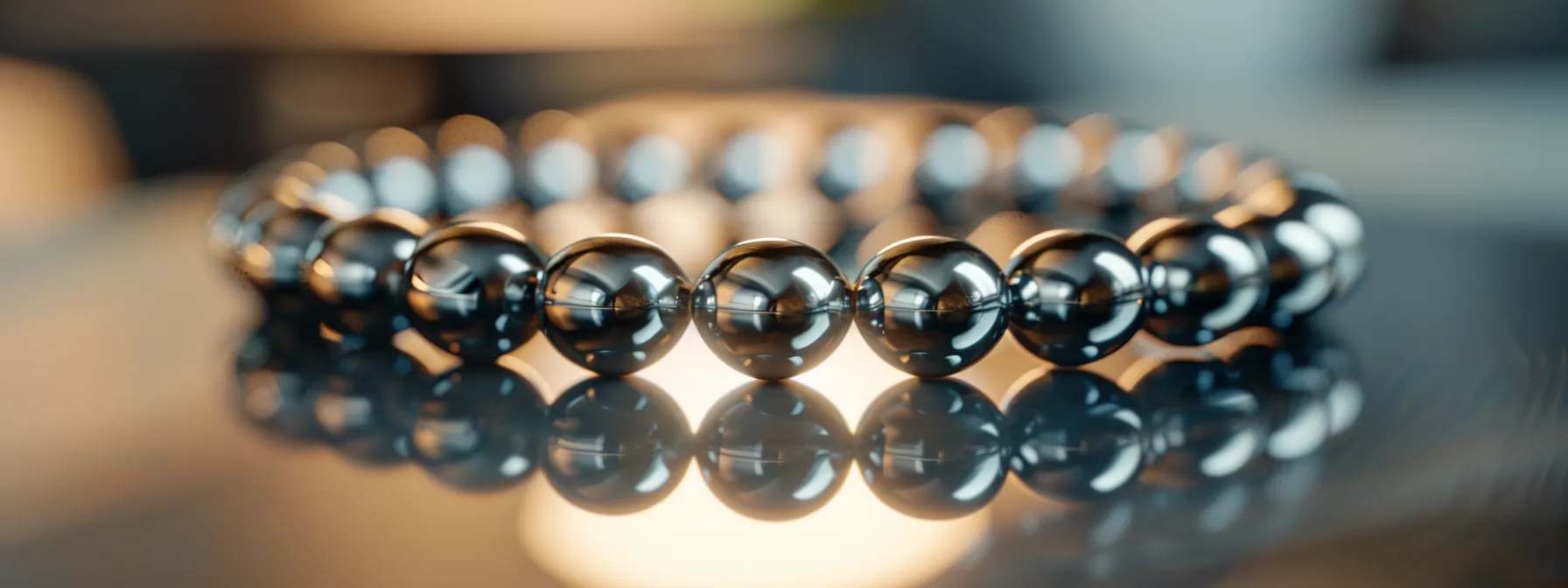 a close-up photo of a shimmering hematite bracelet resting on a smooth, polished surface, reflecting light and exuding a sense of calmness and balance.