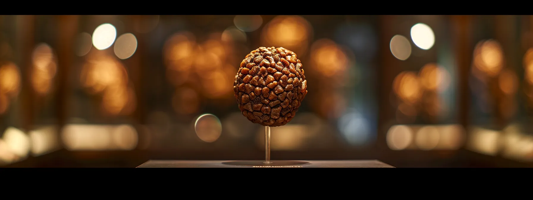 a close-up photo of a gleaming, ancient rudraksha bead displayed in a dimly lit museum exhibit.