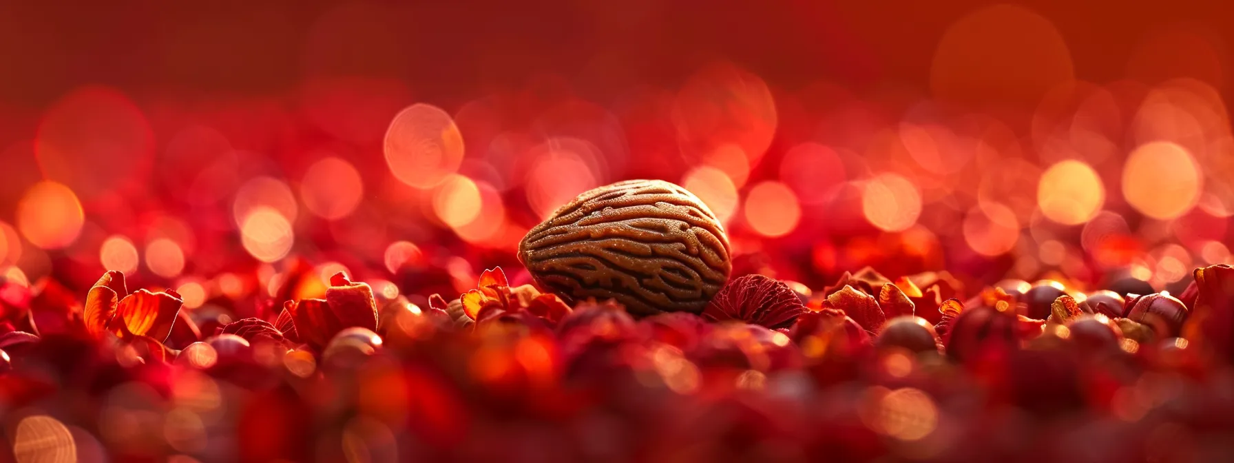 a close-up shot of a rudraksha seed resting on a bed of vibrant red shaligrams, illustrating the cross-cultural significance of the spiritual symbol.