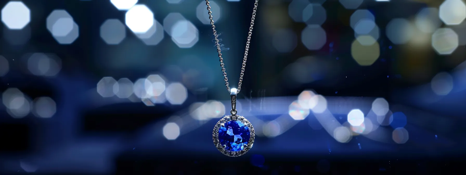 a dazzling blue sapphire necklace hanging elegantly on a velvet display, reflecting light and depth with its mesmerizing hue.