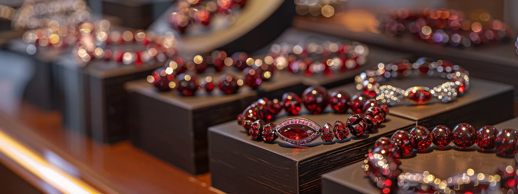 a display of stunning garnet bracelets in a luxurious jewelry store in melbourne, showcasing a variety of styles and designs.