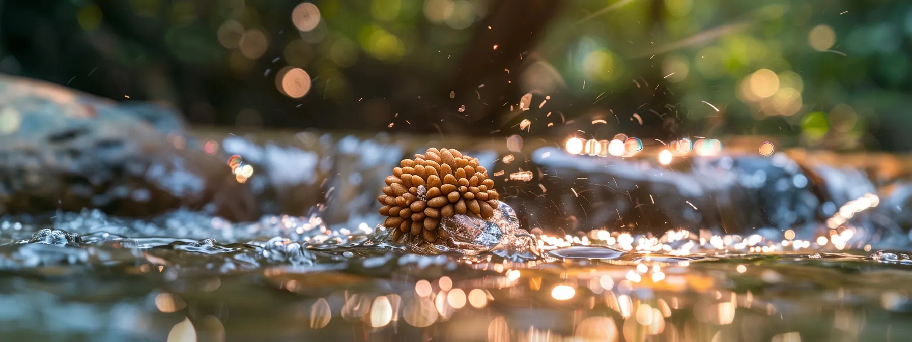 a fourteen mukhi rudraksha being cleansed in a crystal-clear stream, shining with purity and spirituality.