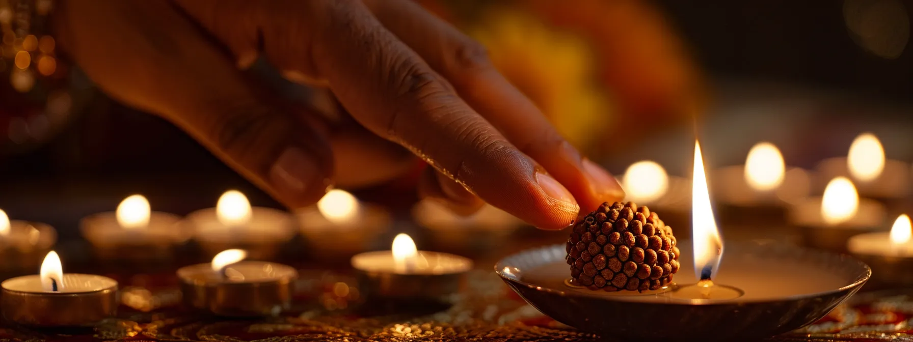 a gentle hand gently polishing a shimmering twelve mukhi rudraksha bead under soft, warm candlelight.