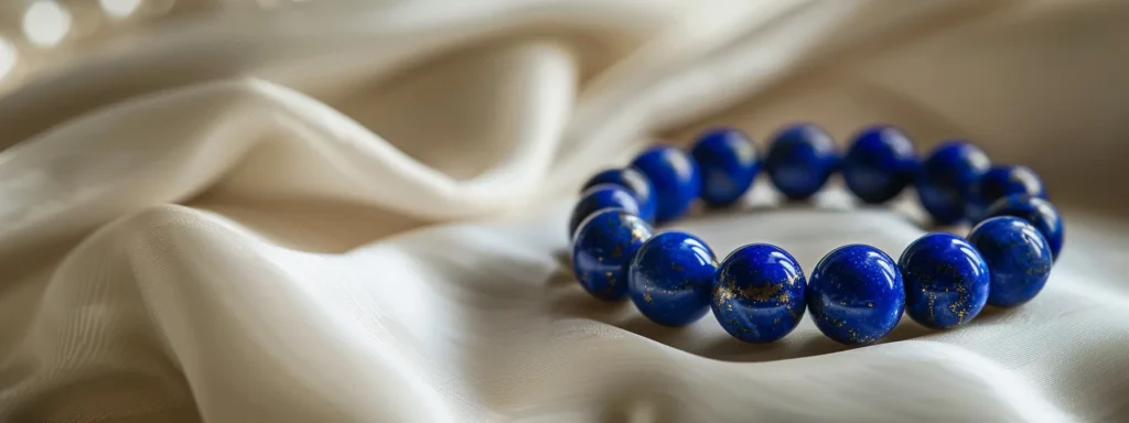 a gleaming lapis lazuli bracelet resting elegantly on a luxurious white silk cushion in a boutique in australia.