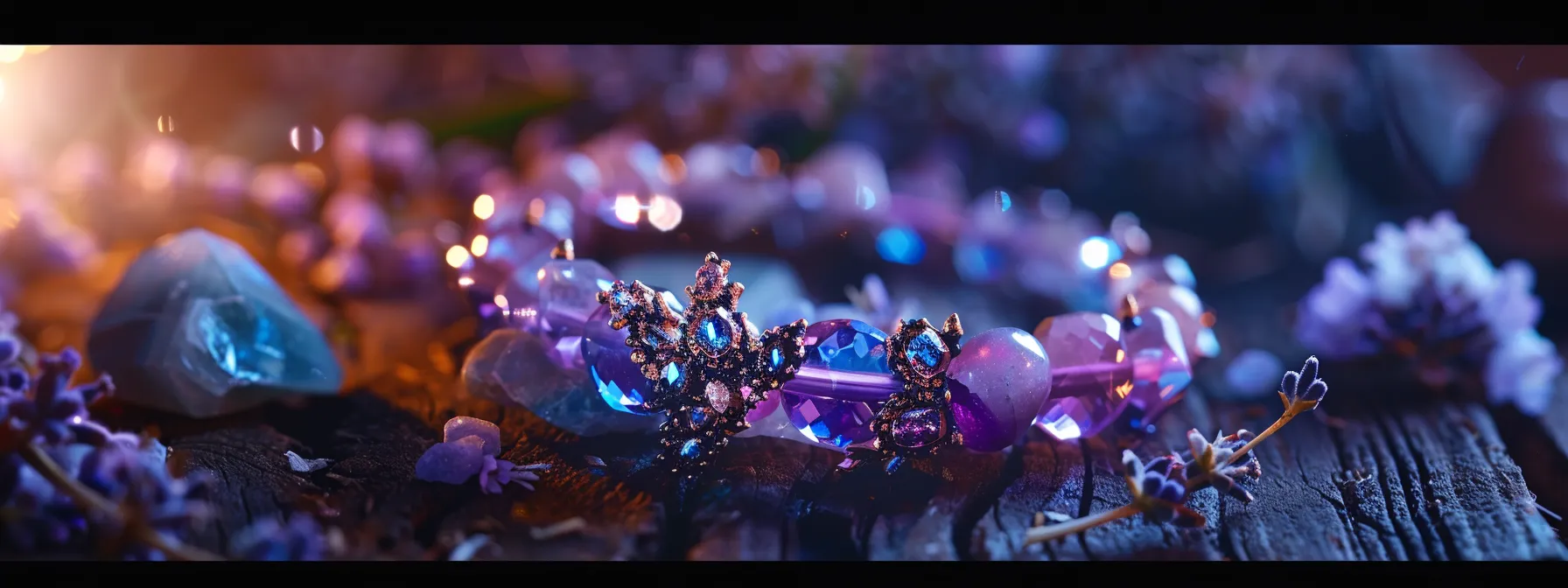 a glistening gomed bracelet under the shimmering moonlight, surrounded by healing crystals and fragrant herbs.