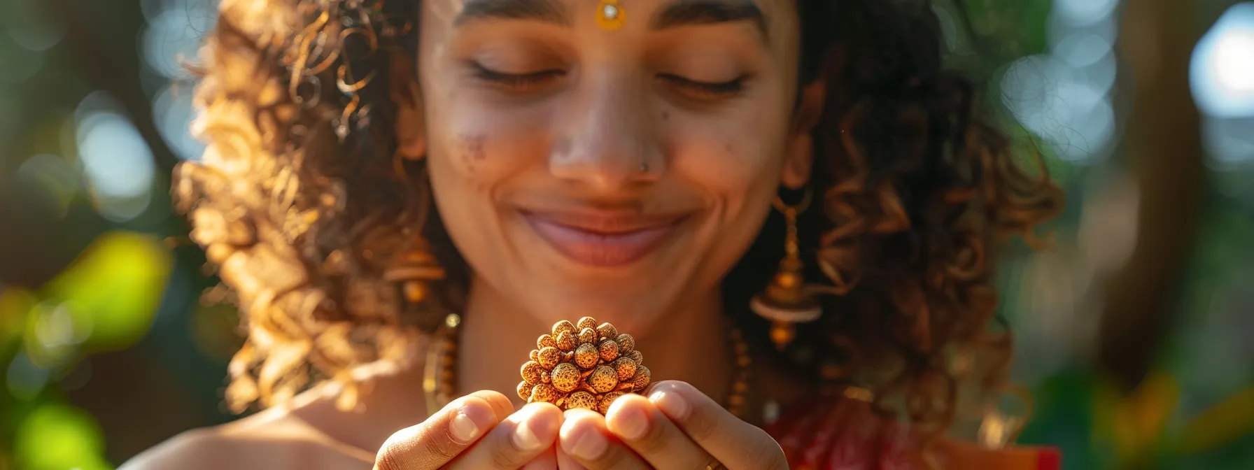 a glowing smile radiates from a woman's face as she holds a sacred twelve mukhi rudraksha close to her heart, embodying her journey of transformation and spiritual awakening.