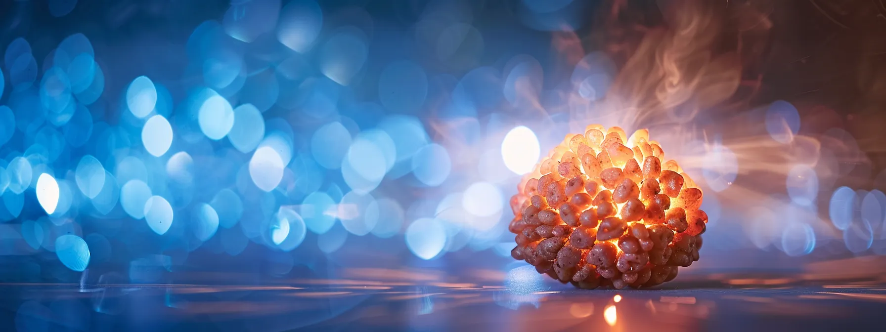 a glowing twelve mukhi rudraksha radiating energy with a soft aura, surrounded by a calming blue light, symbolizing its healing properties on the cardiovascular system, mental health, and metabolic functions.