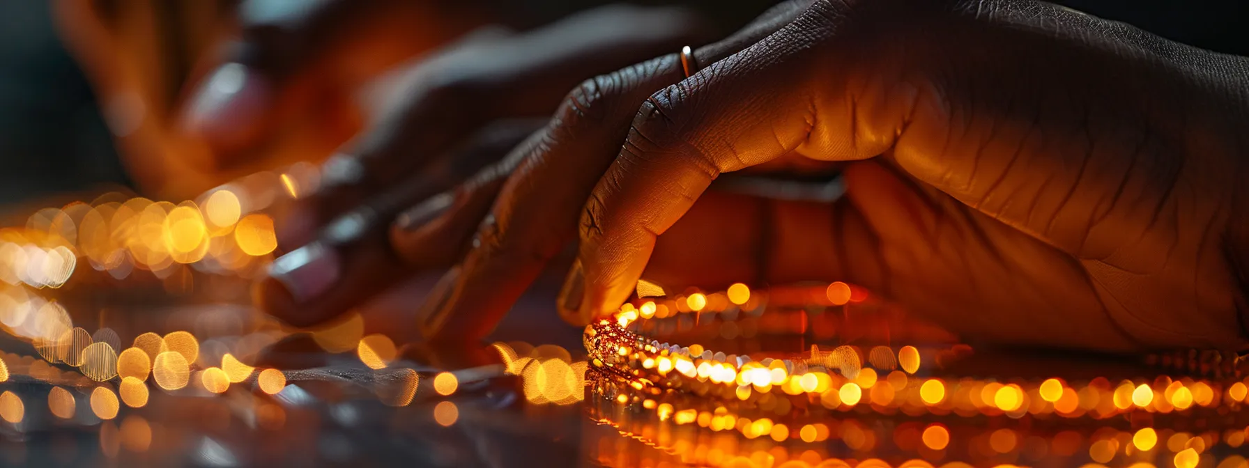 a hand delicately examining a shimmering gomed bracelet, highlighting its authentic stone, intricately designed cut, and quality craftsmanship.