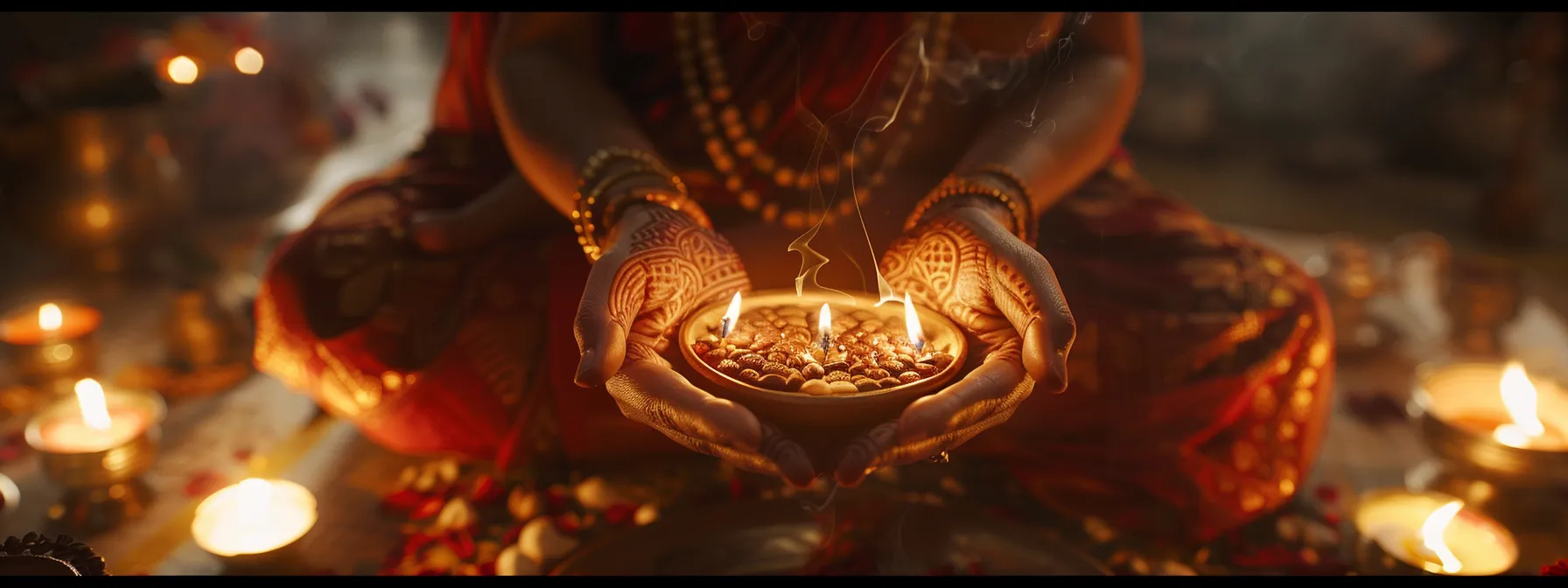 a person in traditional attire, holding the fourteen mukhi rudraksha bead, surrounded by incense and candles, chanting sacred mantras in a dimly lit room.