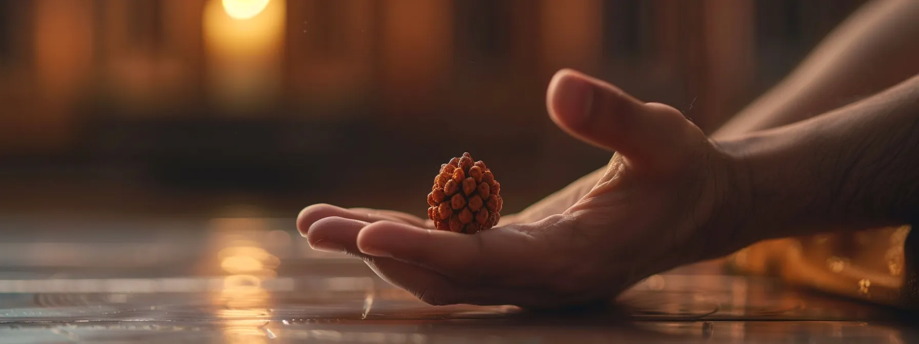 a person meditating with a vibrant thirteen mukhi rudraksha bead, radiating a powerful aura of spiritual wisdom and abundance.