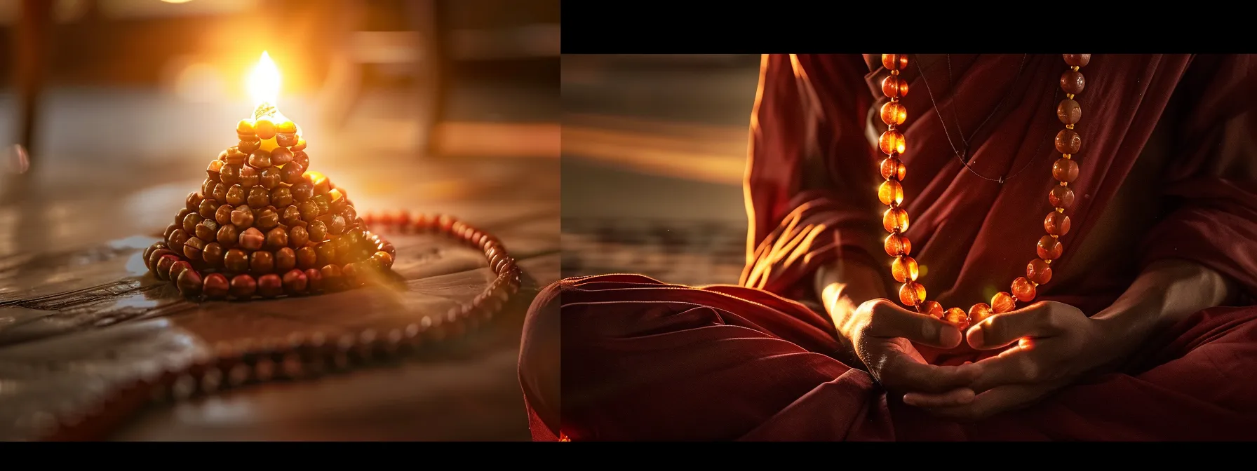 a person peacefully meditating with a radiant thirteen mukhi rudraksha necklace glowing with spiritual energy.