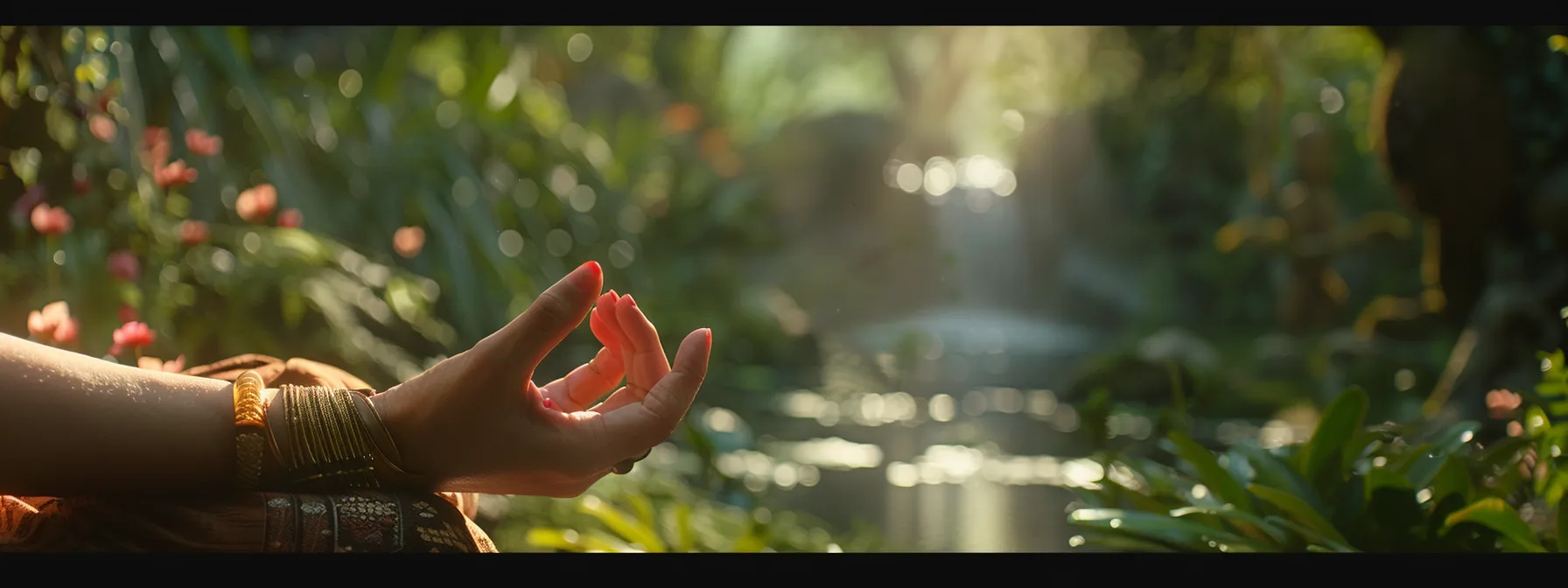 a person peacefully meditating with a gomed bracelet on their wrist, surrounded by serene nature.