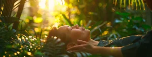 a person receiving a chiropractic adjustment, surrounded by lush greenery and natural light, promoting whole body healing.