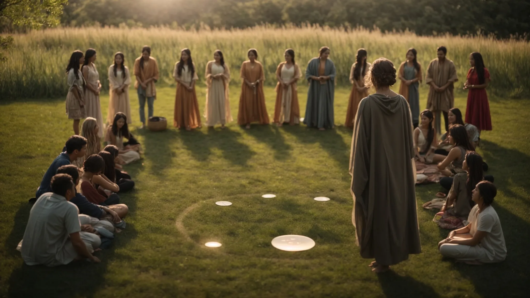 a person standing barefoot on grass with eyes closed, surrounded by a circle of supportive friends in a serene outdoor setting, symbolizing post-awakening integration practices.