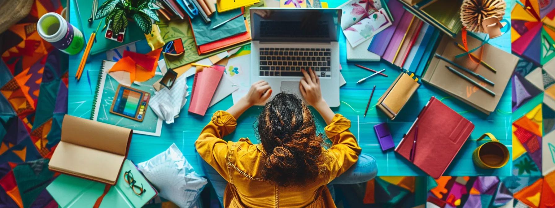 a person surrounded by colorful books, art supplies, and a laptop, engaging in creative visualization practices.