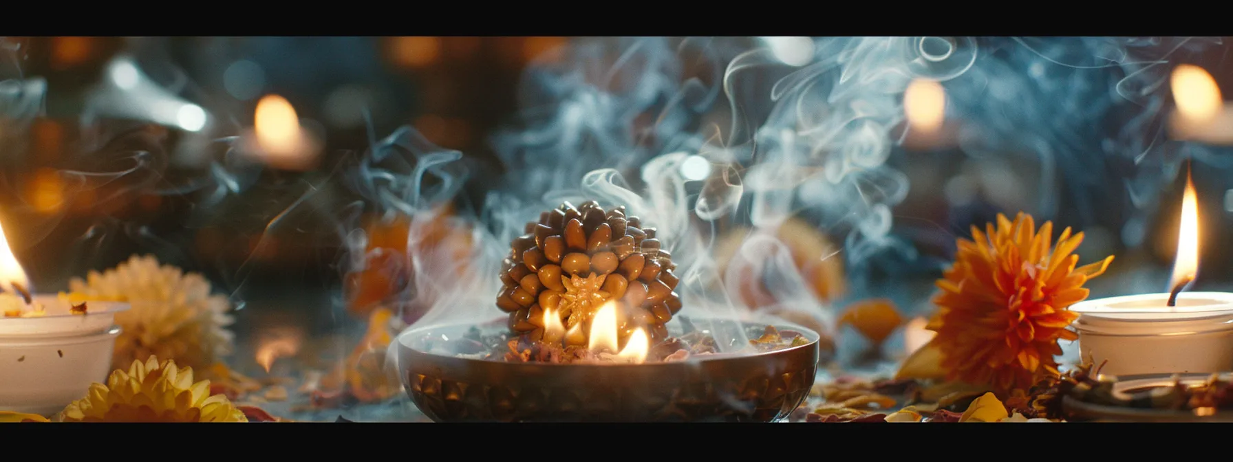 a sacred ceremony featuring a glowing thirteen mukhi rudraksha bead surrounded by incense smoke and flickering candles.