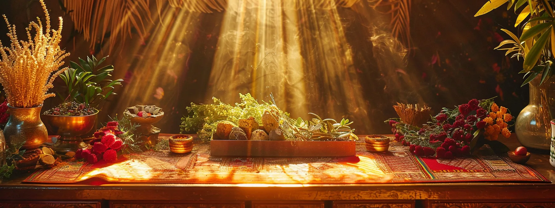 a serene altar adorned with sacred herbs and a clean cloth, bathed in warm, golden light, awaits the cleansing process of the twelve mukhi rudraksha.