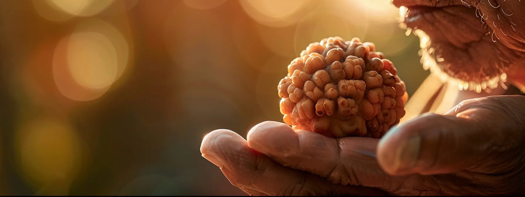 a serene close-up of a person wearing the thirteen mukhi rudraksha bead, with sunlight gently illuminating its intricate details.