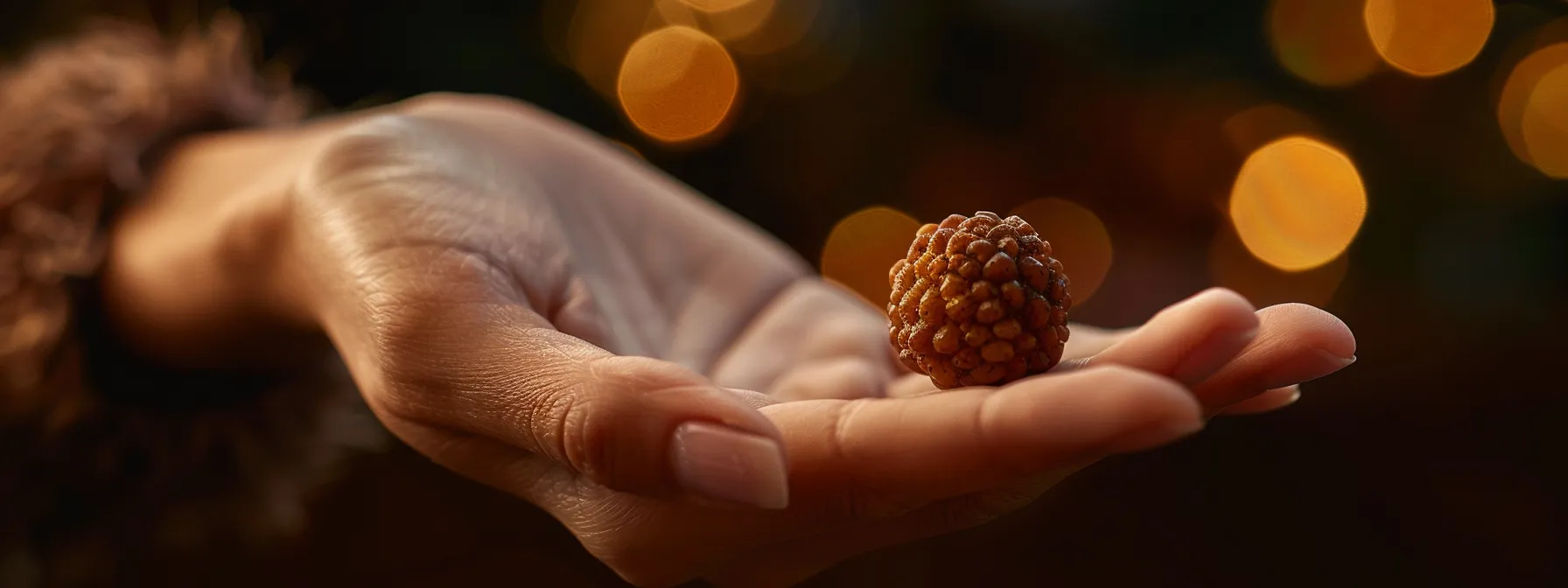 a serene hand holding a gleaming, perfectly preserved twelve mukhi rudraksha bead.