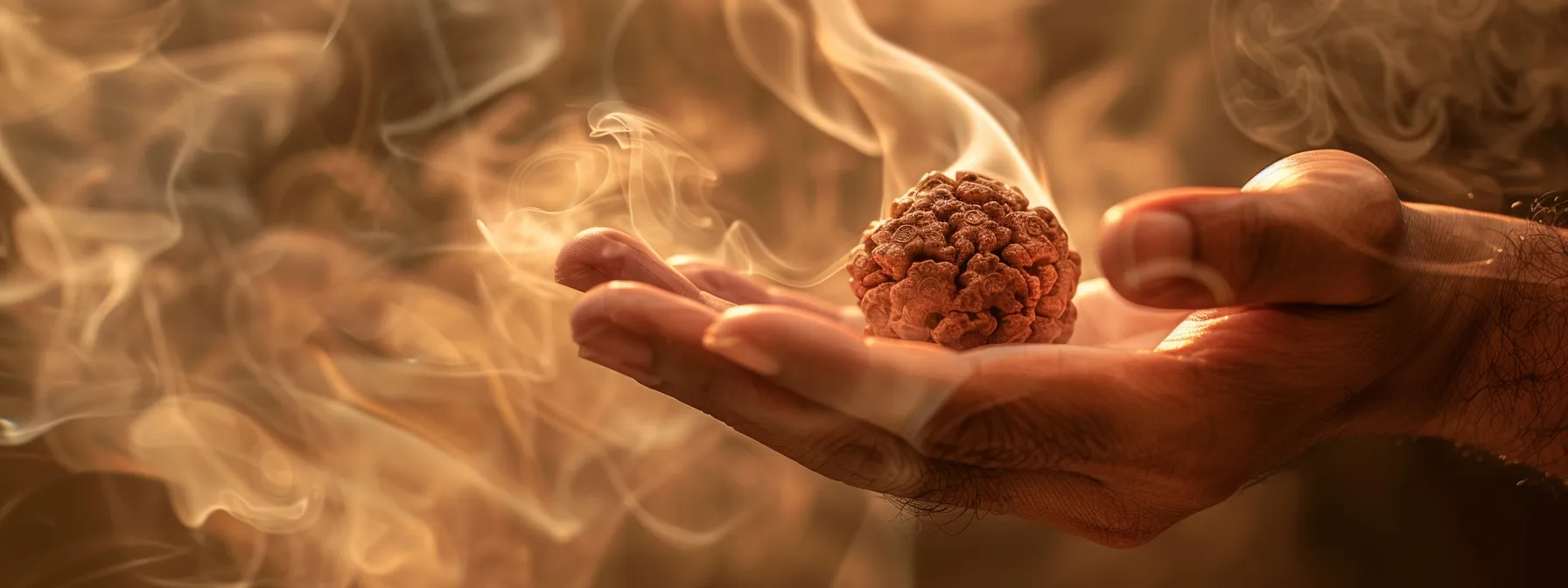 a serene hand holding a gleaming fourteen mukhi rudraksha bead, surrounded by incense smoke and glowing with a spiritual aura.