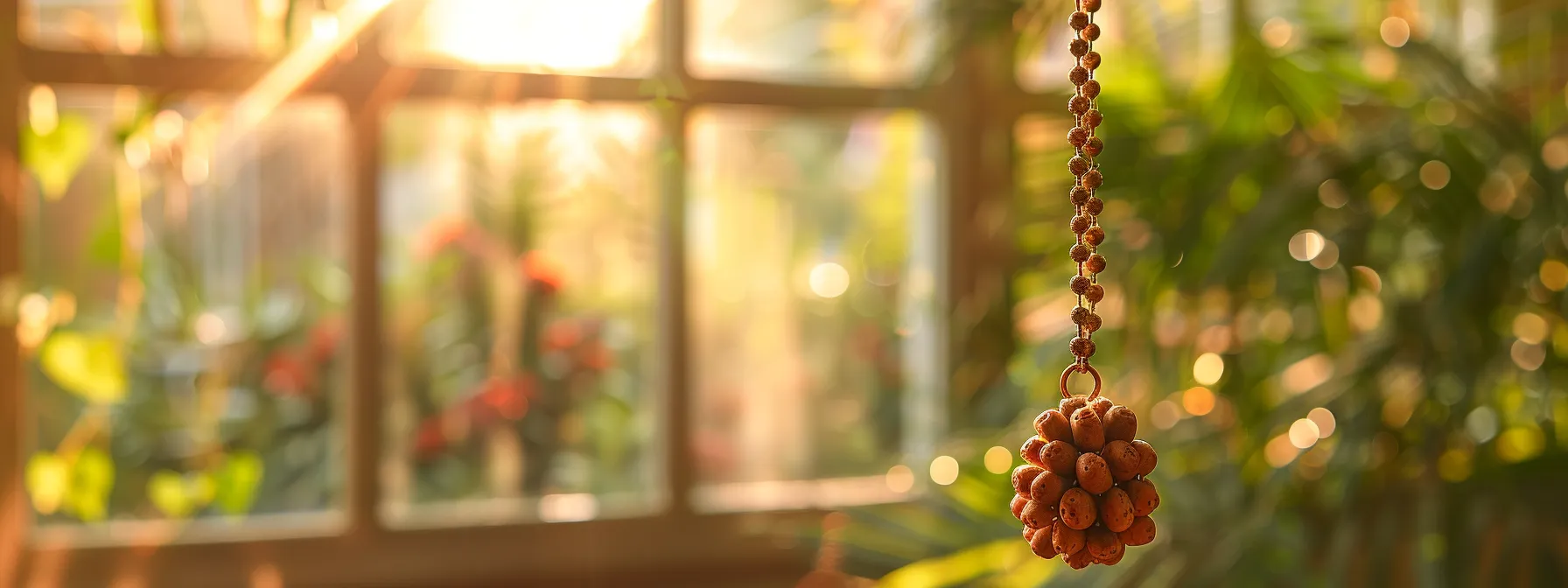 a serene meditation room adorned with an exquisite fourteen mukhi rudraksha hanging from a golden chain, symbolizing authenticity and honoring spiritual heritage.