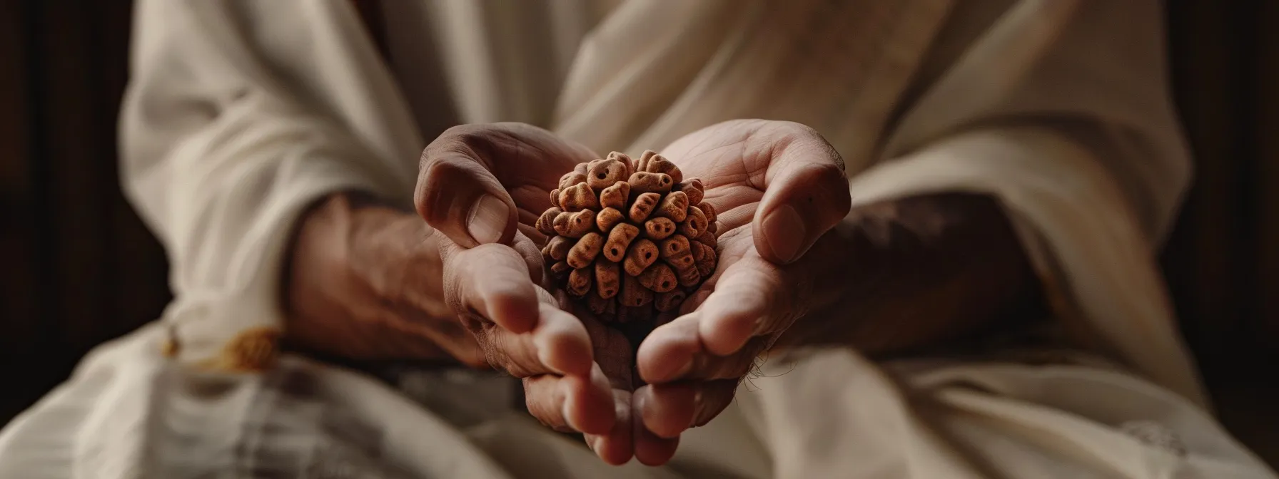 a serene meditator holds the powerful twelve mukhi rudraksha bead, radiating a sense of divine connection and inner peace.