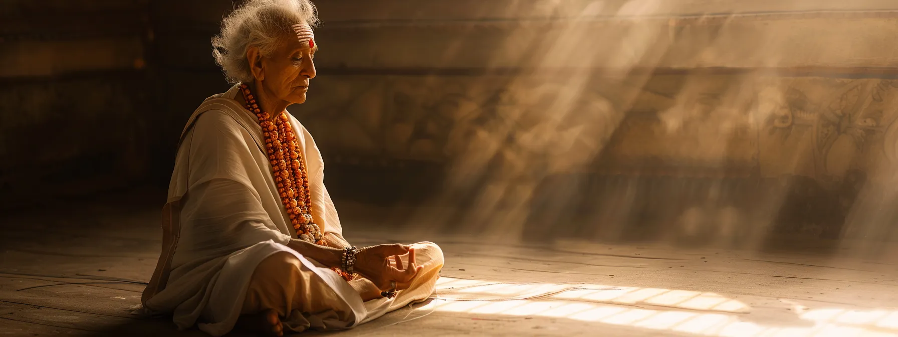 a serene meditator wearing a thirteen mukhi rudraksha bead, radiating spiritual connection and inner peace.