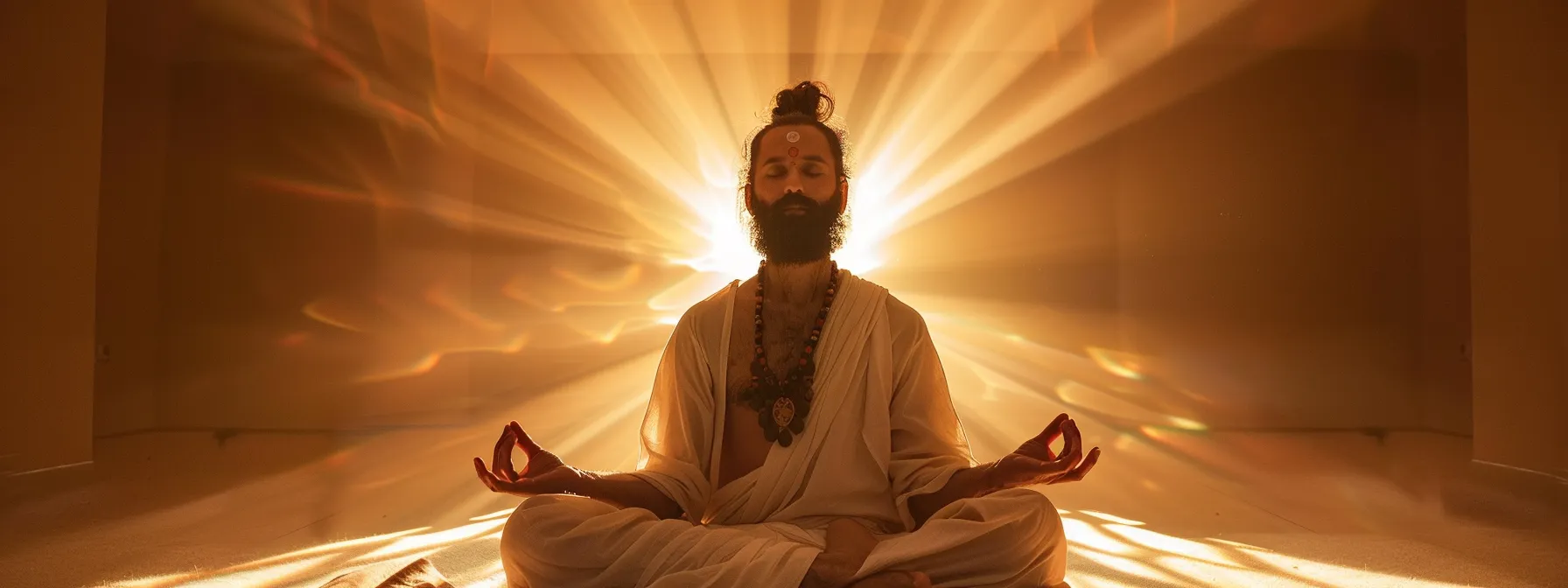 a serene meditator with a radiant aura surrounded by a shield of light, holding the twelve mukhi rudraksha bead.