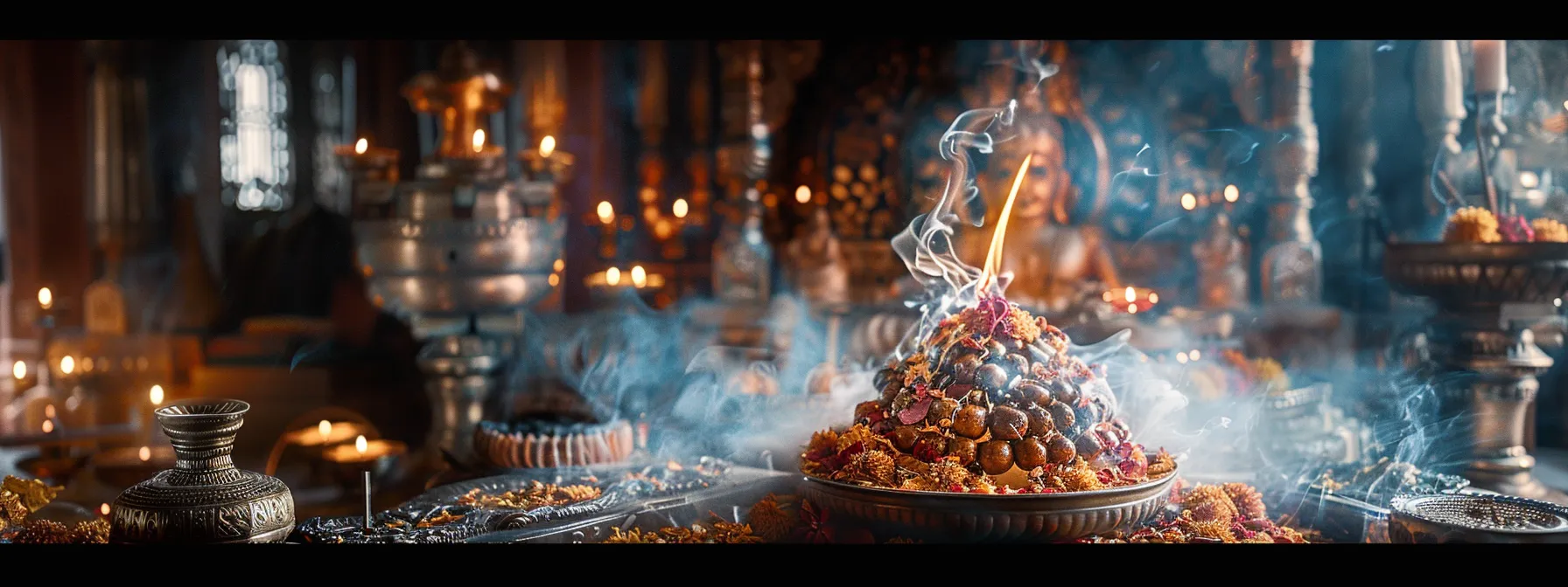 a serene, sacred altar adorned with a radiant fourteen mukhi rudraksha, glistening with spiritual energy and surrounded by incense smoke.