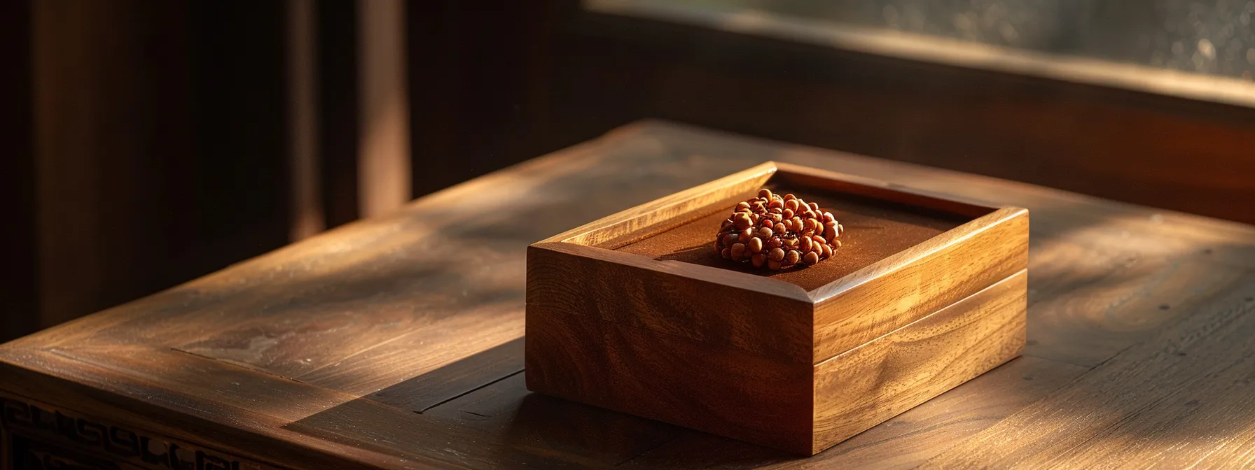 a serene wooden jewelry box lined with soft velvet, cradling a beautiful thirteen mukhi rudraksha bead, symbolizing the importance of proper storage for spiritual preservation.