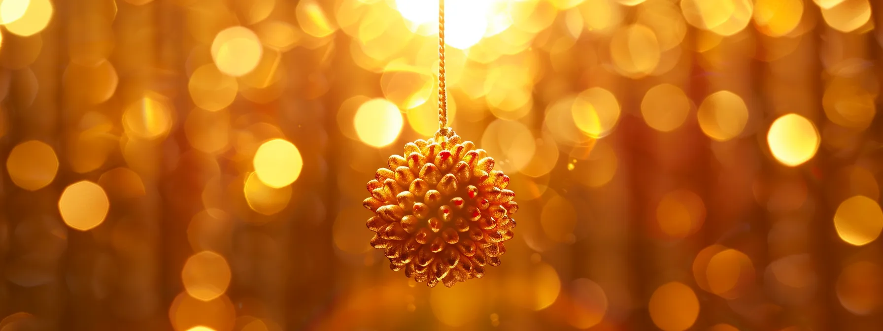 a shimmering fourteen mukhi rudraksha suspended against a backdrop of ethereal light, radiating a sense of divine protection and enlightenment.