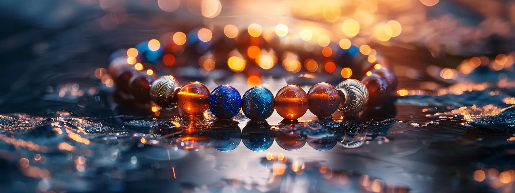 a shimmering hematite bracelet paired with vibrant carnelian and lapis lazuli, set against a backdrop inspired by western australia's mineral-rich landscape.