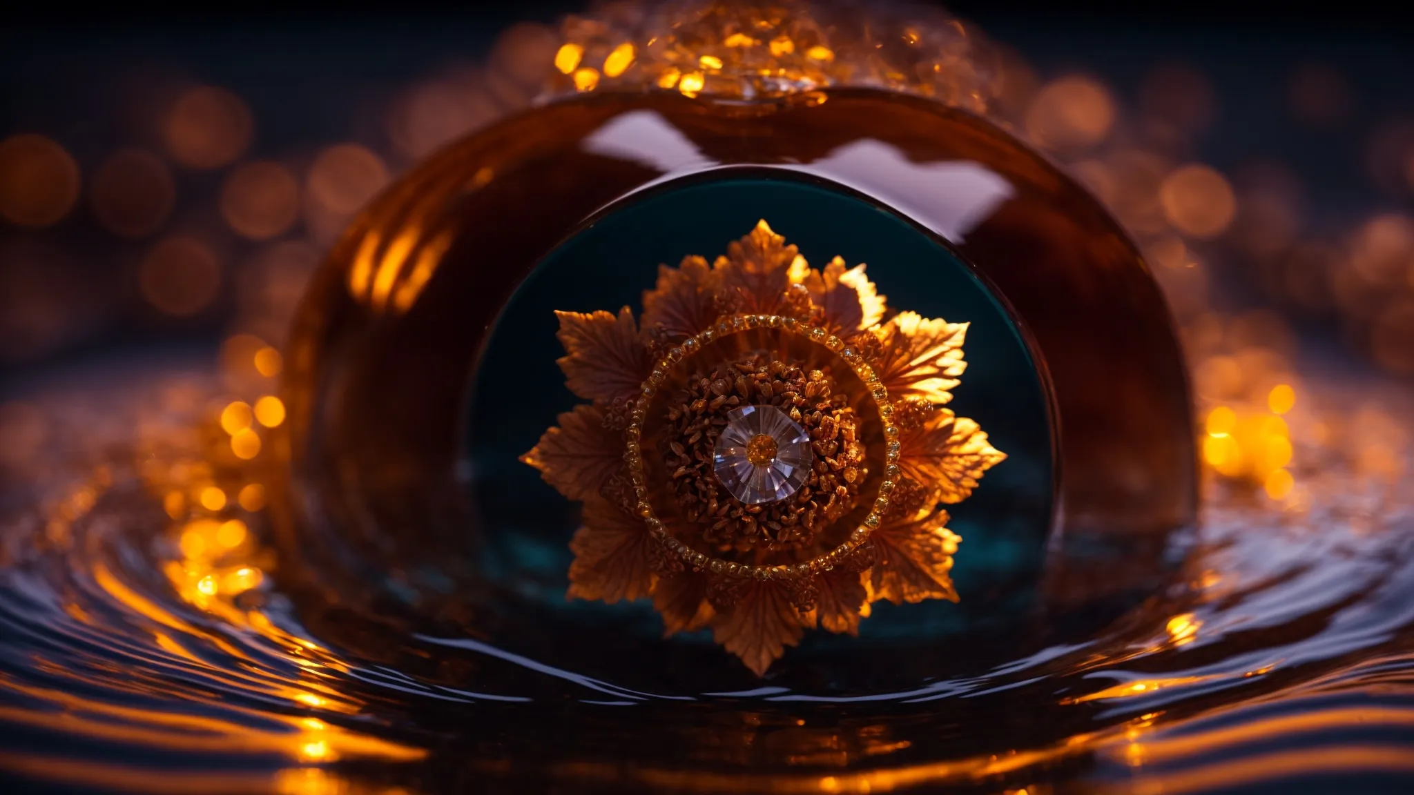 a shimmering twelve mukhi rudraksha bead being cleansed in a soothing bath of crystal-clear water under the gentle glow of candlelight.