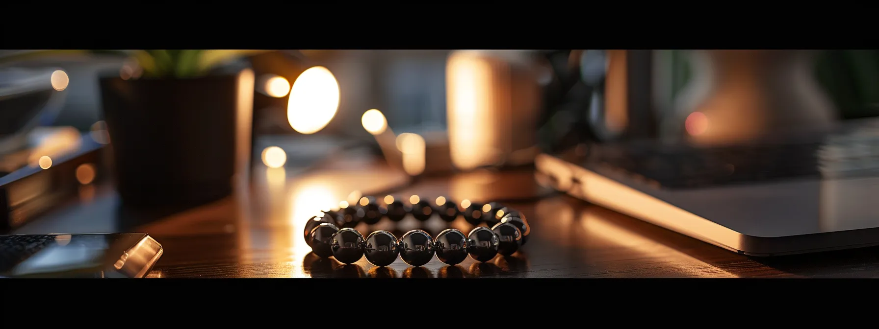 a sleek black onyx bracelet paired with silver accents glimmers under soft lighting, adding a touch of elegance to a modern workspace.