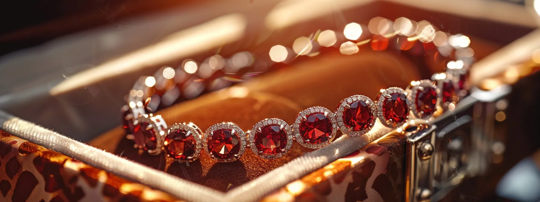 a sparkling garnet bracelet being gently cleaned and stored in a luxurious jewelry box to preserve its brilliance and durability.