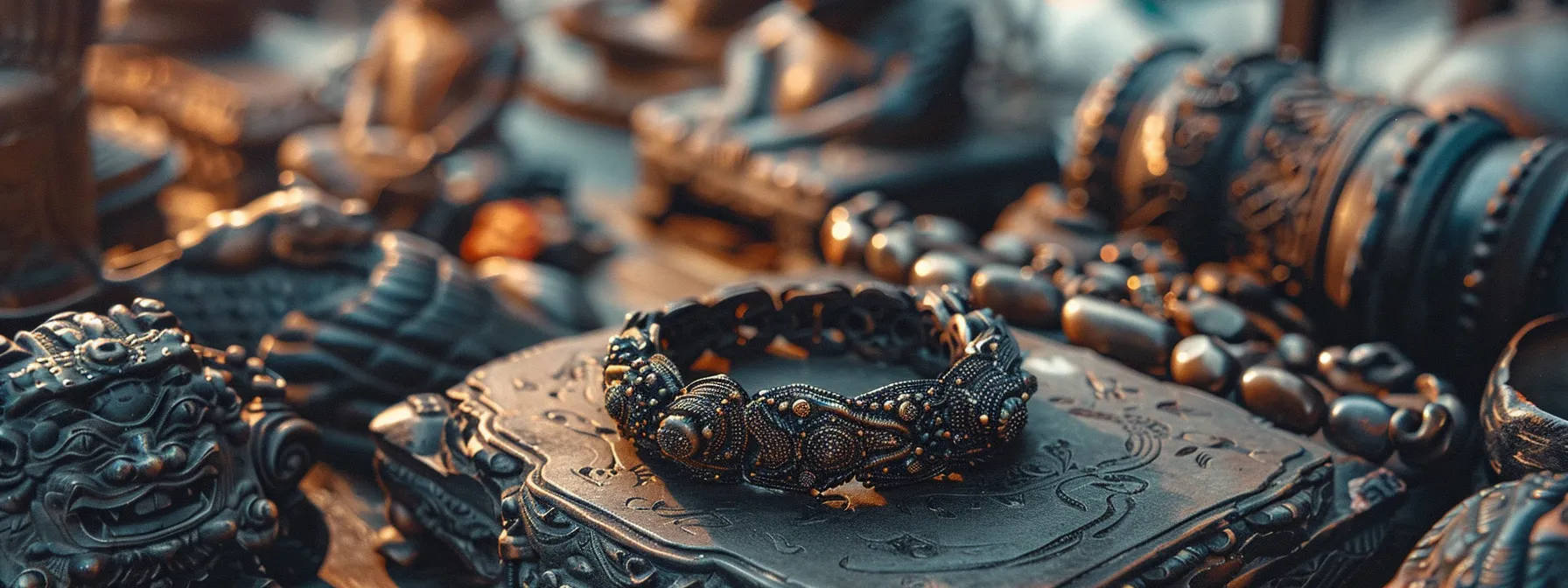 a striking hematite bracelet displayed against a backdrop of ancient artifacts, showcasing its rich history and cultural significance.