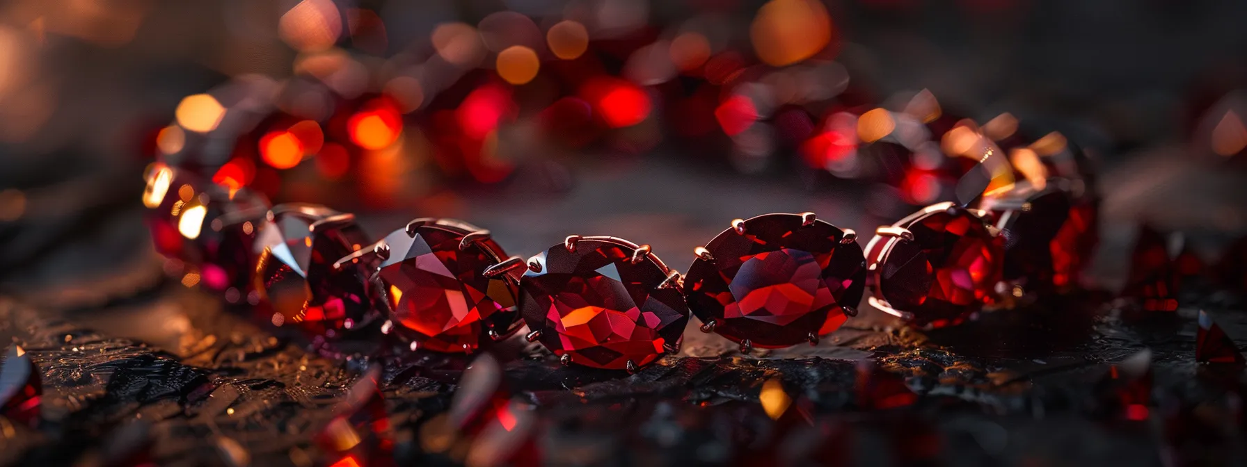 a stunning garnet bracelet shimmering under soft, natural light, showcasing its rich hues and intricate cut details.