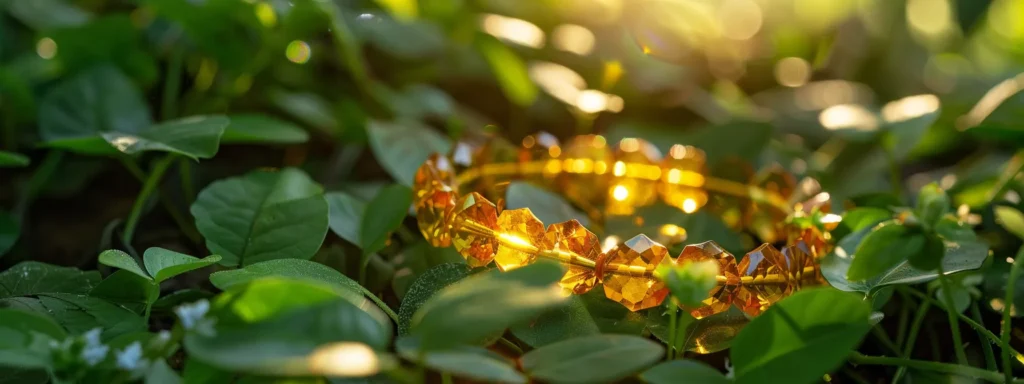 a sunlit yellow citrine bracelet resting on a bed of fresh green leaves.