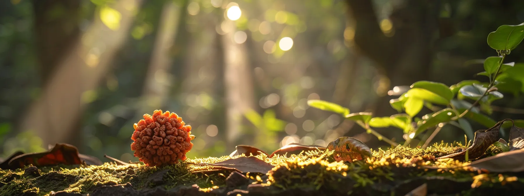 a thirteen mukhi rudraksha bead glistening under a beam of sunlight, surrounded by a peaceful and serene natural environment, symbolizing purity and connection to hindu mythology.