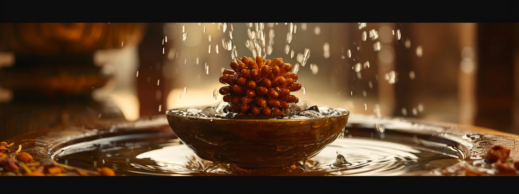 a twelve mukhi rudraksha bead being washed with water and infused with herbs and oils in a serene and sacred setting.