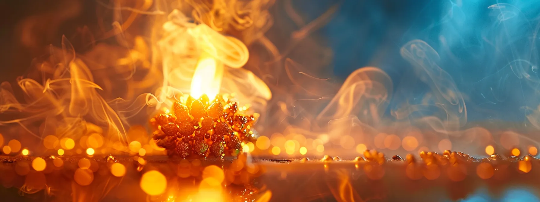 a vibrant flames dance around a shimmering twelve mukhi rudraksha pendant during a sacred cleansing ritual.