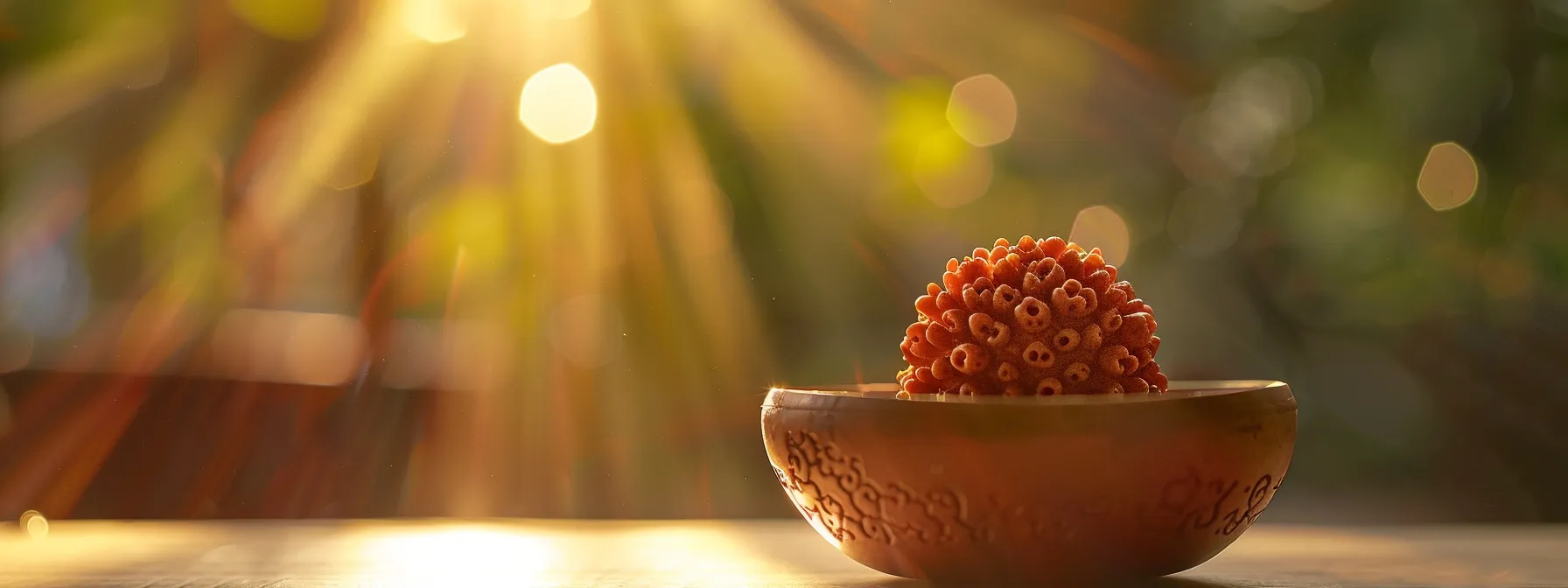 a vibrant fourteen mukhi rudraksha bead shining under natural light, showcasing its authenticity and spiritual significance.