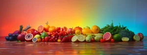 vibrant fruits and vegetables arranged in a rainbow spectrum on a wooden table, showcasing a variety of colors and shapes to unlock your chakras.