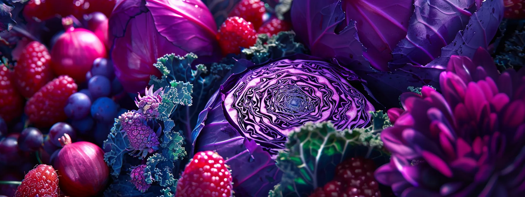 vibrant red cabbage and violet-hued fruits elegantly arranged next to each other, radiating energy and vitality, symbolizing the relationship between chakras and colorful foods.