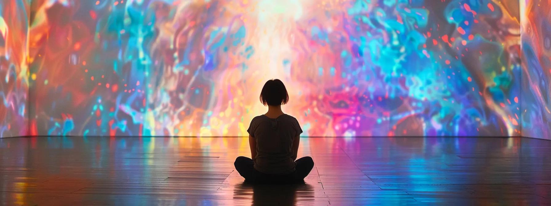 vividly envisioning their goals, a person sits in a tranquil room surrounded by colorful, abstract artwork, letting their creative visualization techniques guide them towards success.