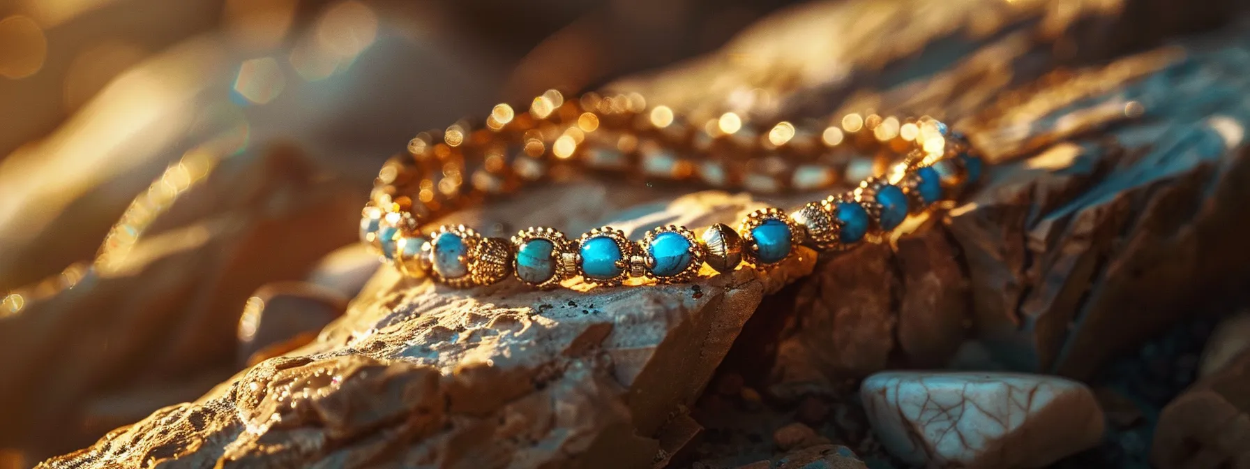 an elegant gold hematite bracelet adorned with selenite and turquoise stones, symbolizing beauty and ancient wisdom, displayed against a backdrop of australian landscapes.