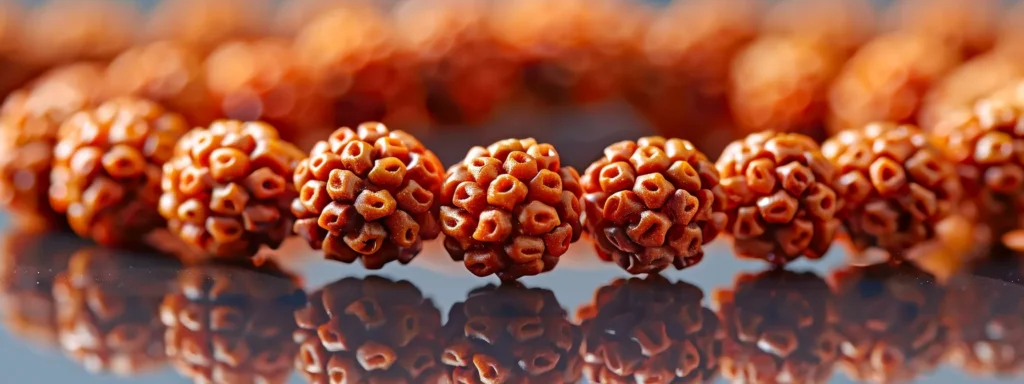 a close-up of vibrant, gleaming rudraksha beads arranged in a circular pattern on a smooth, reflective surface.