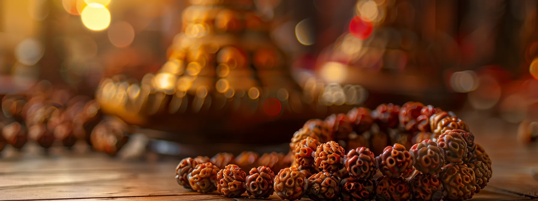 a close-up photo of a vibrant, intricate rudraksha bead necklace resting on a wooden meditation altar.